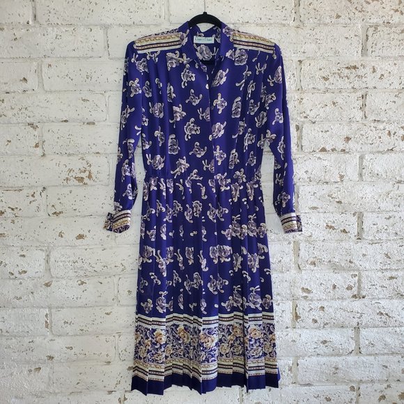 VINTAGE DRAPERS & DAMONS Cottage Core Blue FLORAL Pleated DRESS Long Sleeve SZ M - Picture 1 of 16
